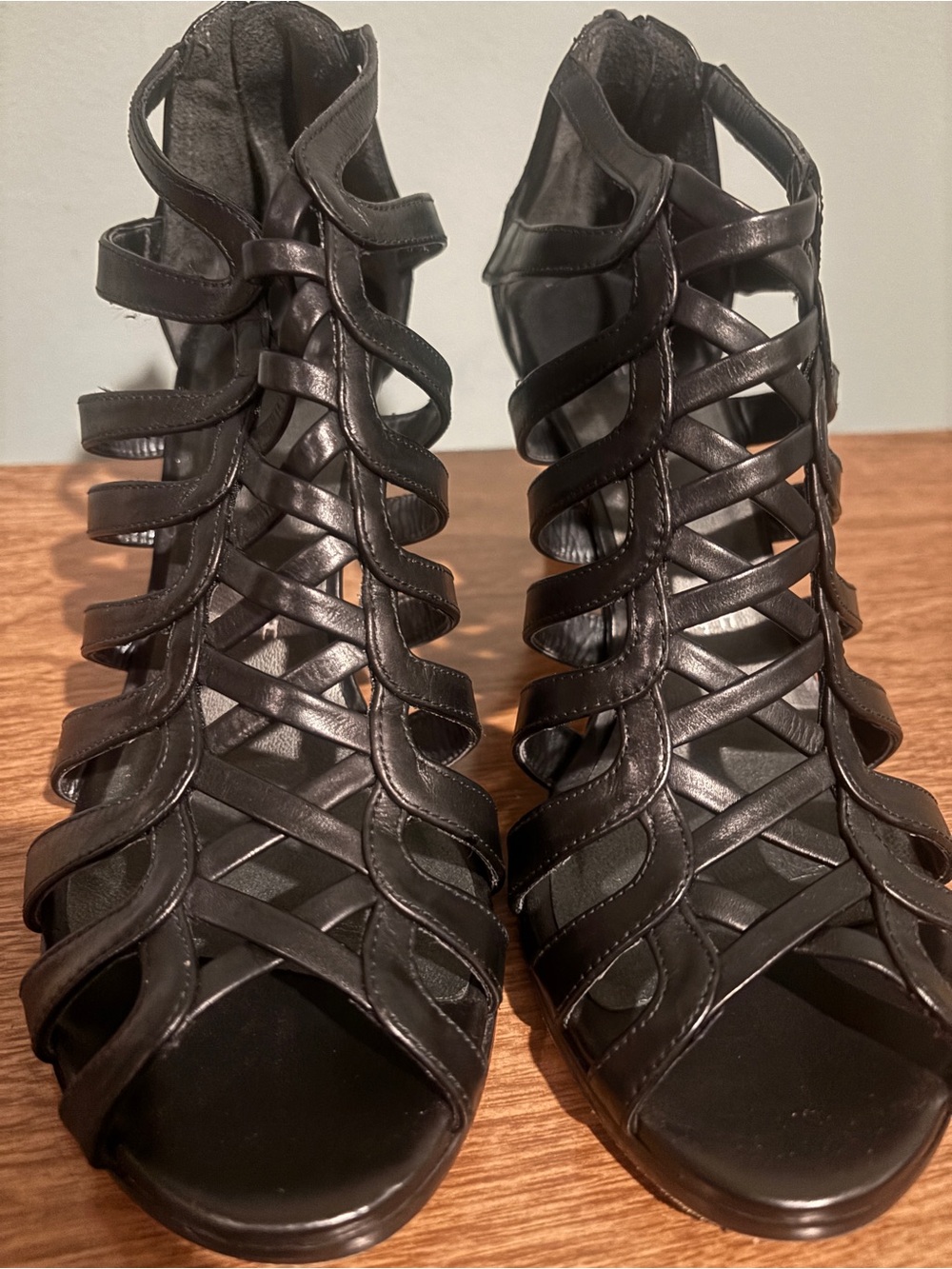 Stuart Weitzmann Black Strappy Cage Heeled Sandals